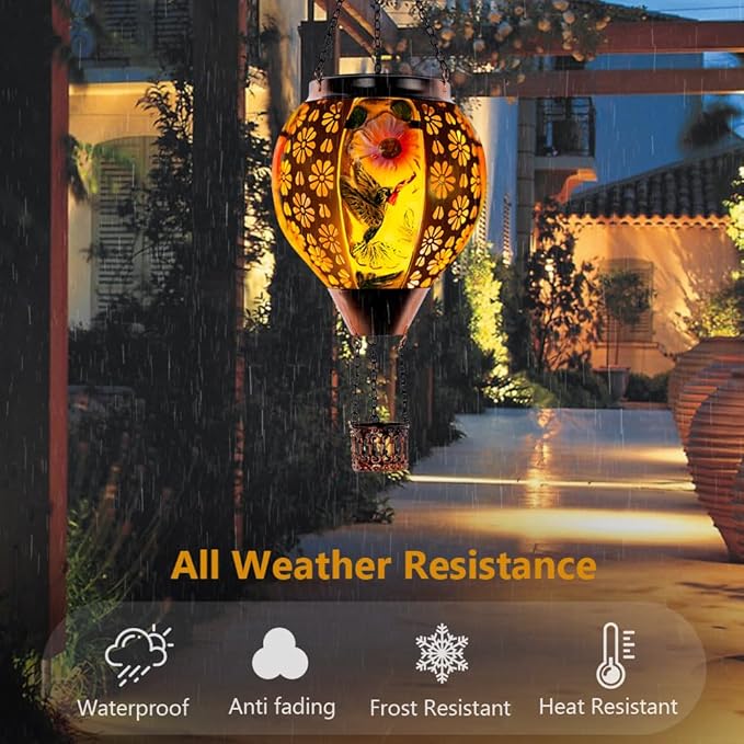 DREAMSOUL Hummingbird Hot Air Balloon Solar Lantern, Metal & Glass Flickering Flame Light Solar Lantern, Hanging Waterproof Solar Lanterns Outdoor for Garden Patio Tree Decoration Christmas Gifts
