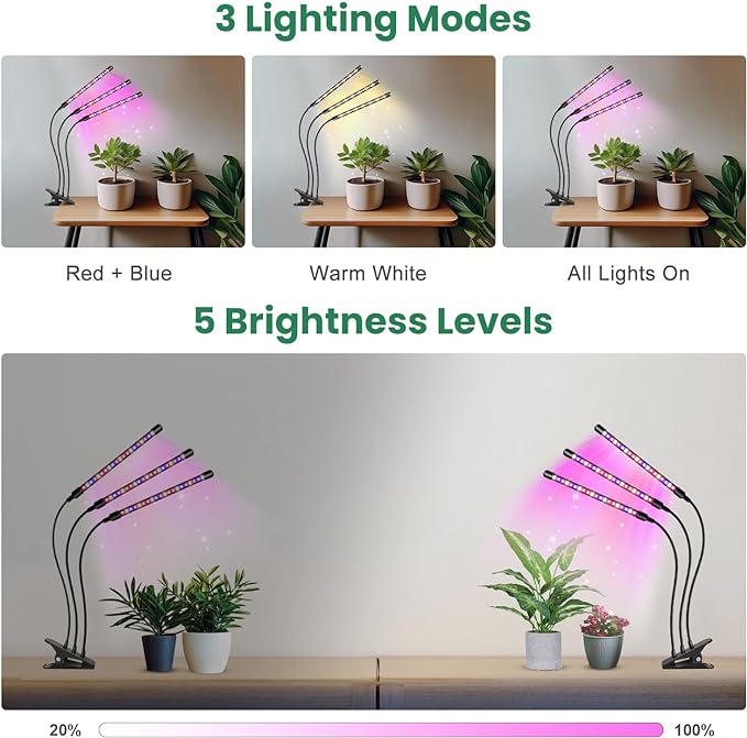 Garpsen Led Grow Light, 2PCS 3 Heads Full Spectrum Clip Plant Light for Indoor Plants, 120 LEDs Grow Lights, with 3 Switch Modes & Auto ON/Off 6/12/16H Timer, 5 Dimmable Levels (Red Blue Warm White)