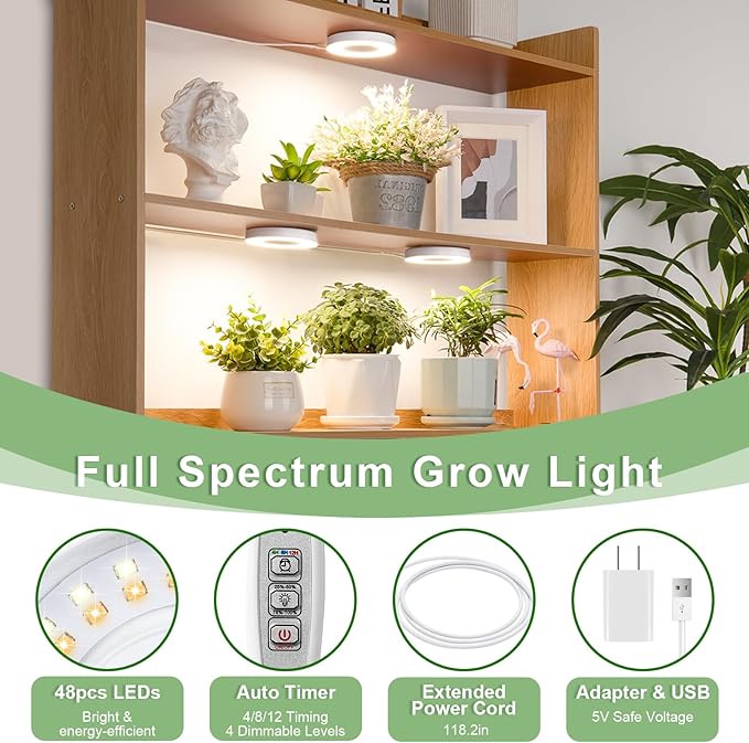 LORDEM Ceiling Grow Light for Indoor Plants, 144 LEDs Full Spectrum LED Plant Light, 5V Plant Lamp with 4/8/12H Auto Switch, 4 Dimmable Brightness Levels, Ideal for Small Plants, Tri Head, Corded