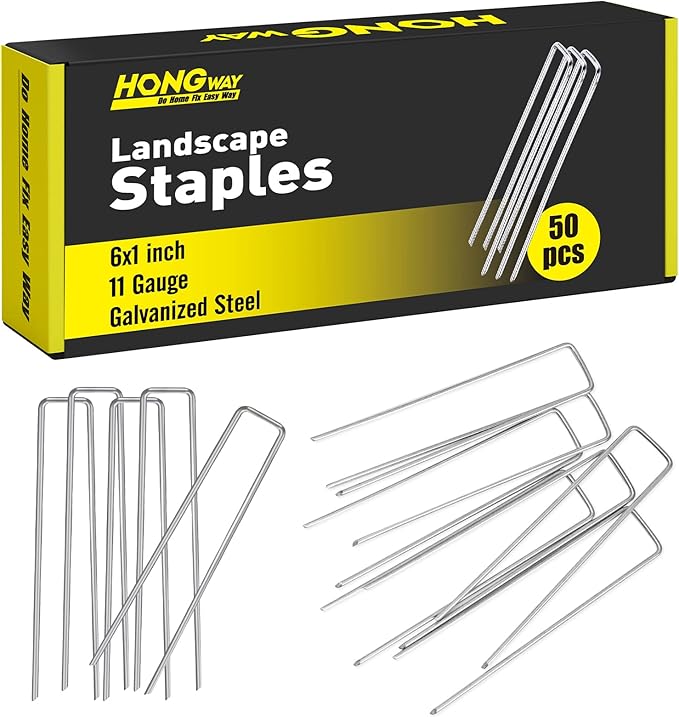 HongWay 50 Pack Landscape Staples 6 Inch 11 Gauge Stakes, Galvanized Garden Staple U-Shaped Pins and Landscaping Staples for Sod Anchoring Landscape Fabric Irrigation Tubing