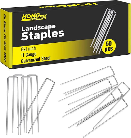 HongWay 50 Pack Landscape Staples 6 Inch 11 Gauge Stakes, Galvanized Garden Staple U-Shaped Pins and Landscaping Staples for Sod Anchoring Landscape Fabric Irrigation Tubing