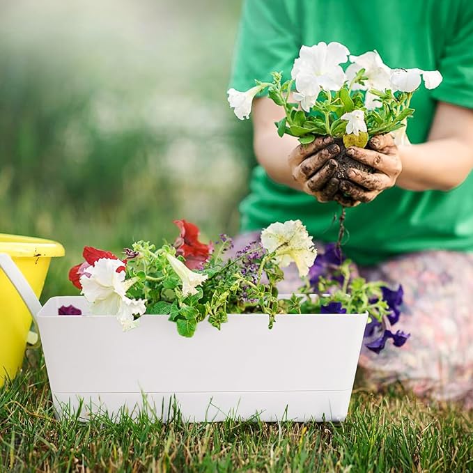 GREANER 12x3.8 Inch Herb Planters, 6 Pack White Rectangle Window Boxes with Tray, Indoor Succulent Cactus Mint Plastic Pot with Saucer for Windowsill, Balcony, Office, Outdoor Garden