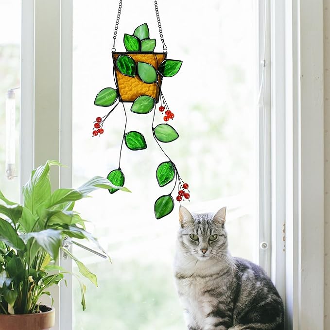 Royxen Stained Glass Window Hanging, Sun Catcher, Suncatchers for Windows Hanging, Green Plants with Yellow Pot