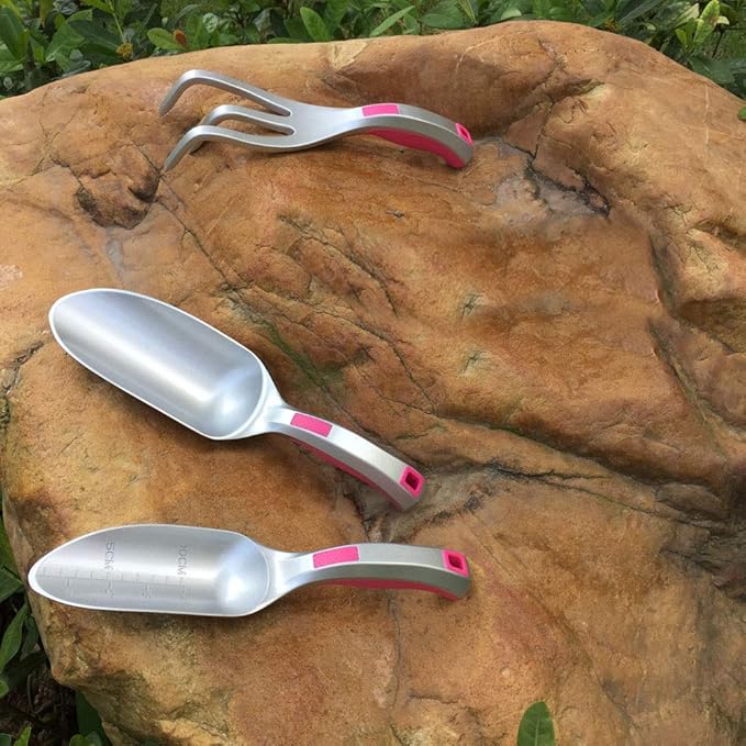 Gardening Tool Set Light Weight, 3PC Bend Proof Gardening Kits, Hand Shovel One-Piece Aluminum, Gardening Gifts for Women, Hand Scoop, Small Trowel, Garden Rake, Pink