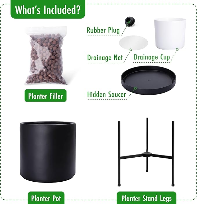 D'vine Dev Modern Black Plants Pot Cylinder Planter with Heavy Duty Stand, Small 8 Inch Pot, 12.6 Inch with Stand Height, 96-T-B-1