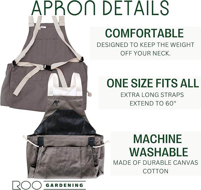 Roo Gardening Apron with Pockets & Harvesting, Picking Pouch - Adjustable, Water-resistant, Washable Canvas Cotton