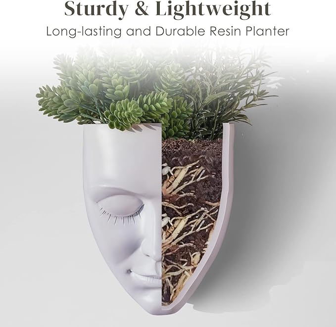 Head Planter Wall Mounted, 6.6 Inch Resin Face Wall Planter Wall Vase for Flower Plant Pot with Drainage Suitable for Home Decor Planter Gifts