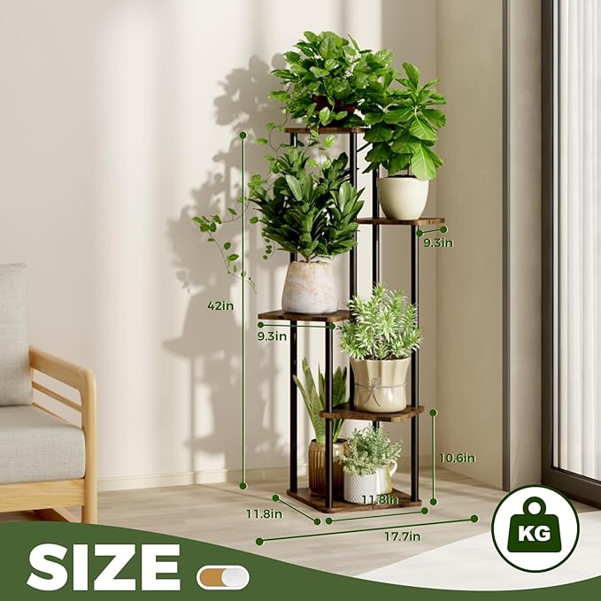 5 Tiered Plant Stand Indoor Corner Plant Shelf for Multiple Plants for Patio Garden Balcony Living Room Bedroom, Tall Metal Flower Pots Stand Relaxing for Women Gift Brown Oak