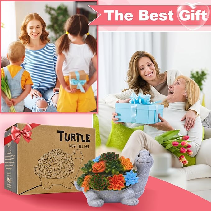 Outdoor Turtle Key Hider Statue - Cute Succulent Turtle Hide a Key Outdoor Decorative - Small Gift Box for Women, Home Decor & Turtle Gifts (Turtle)