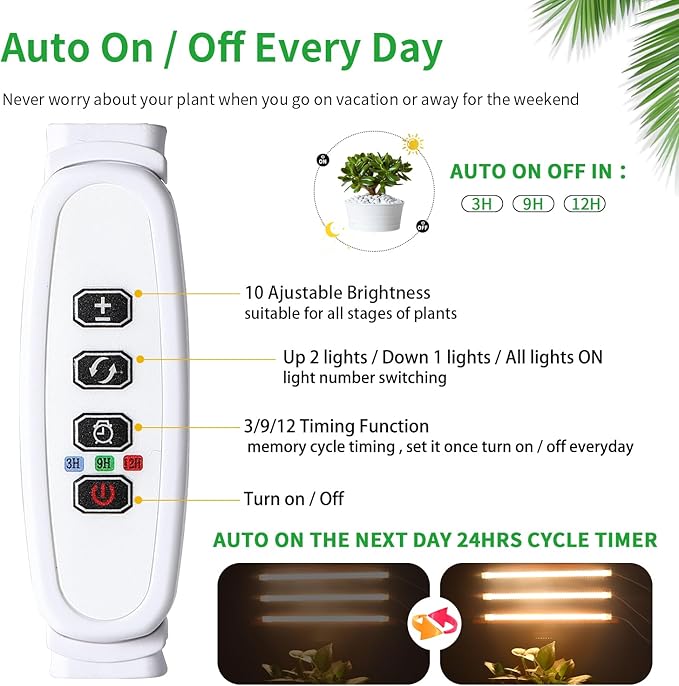 LED Grow Light Strips, Full Spectrum Plant Growing Lights for Indoor Plants 3000K, 144 LEDs Plant Lamp with 3/9/12H Timer, 10 Dimmable Levels, 3 Head 13 Inches