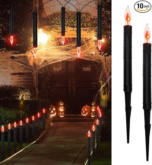 Halloween Pathway Lights Outdoor, 19.5Ft Halloween Pathway Marker String Lights with 10 C18 Flicker Flame Black Candles Stakes Lights Plug in Halloween Walkway Lights for Lawn Garden Sidewalk Driveway