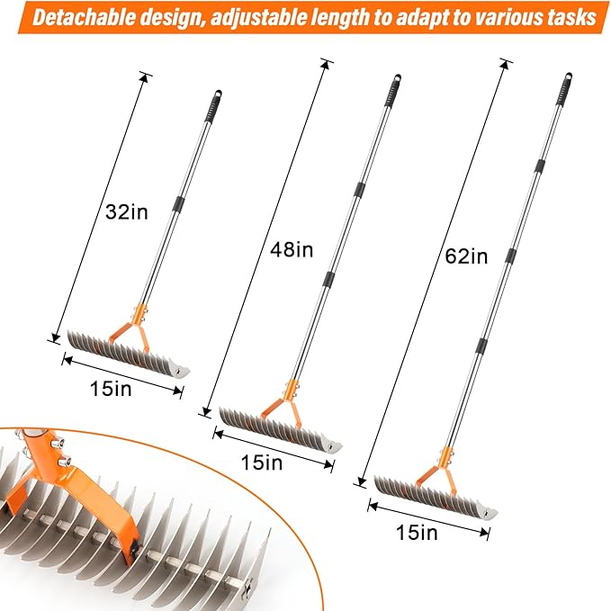 62" Thatch Rake, 19 Double-Sided Tines, 15-Inch Wide Lawn Rake, Adjustable Handle Garden Rake for Dethatching, Gardening, Yard Work, Heavy Duty Dethatcher Rake and Rock Rake