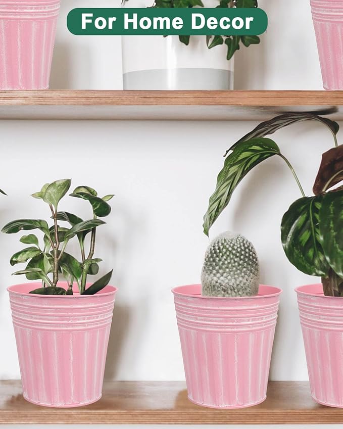 vensovo 6 Inch Pink Metal Rustic Flower Pots - 6Pcs Medium Galvanized Planters with Drainage Hole and Rubber Plug, Rustproof Metal Bucket Plant Pots Farmhouse Vintage Style for Decor