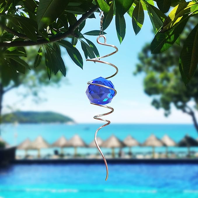 Gazing Ball Spiral Tail Wind Spinner with Sea Blue Crystal Orb, Wind Spinners Stabilizer with Hanging Swivel Hook, Sun Catcher Rainbow Maker Indoor & Outdoor Decoration Garden Gift 13" Height