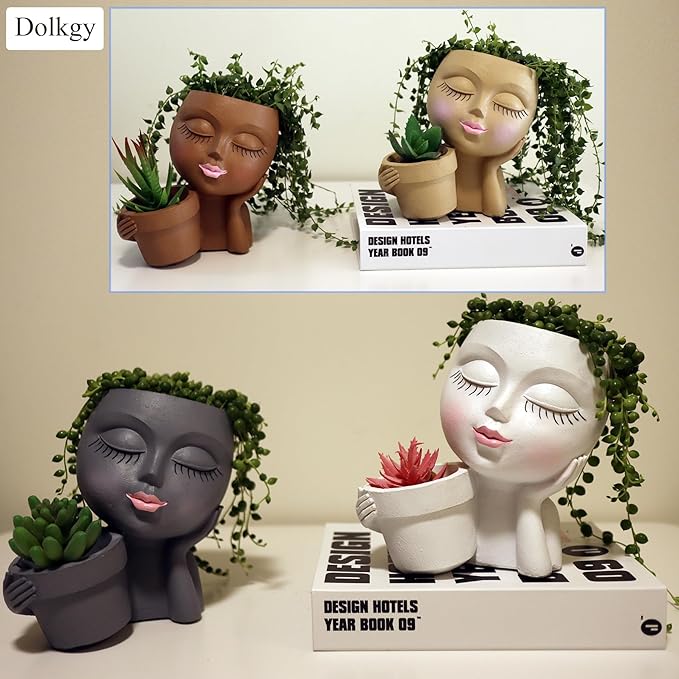 Head Planter Face Flower Pot, Dolkgy Woman Face Planter Unique White Head Planters for Indoor Outdoor Plants, Novelty Plant Pot Cute Lady Head Vase with Drainage Hole for Home Garden Succulents Cactus