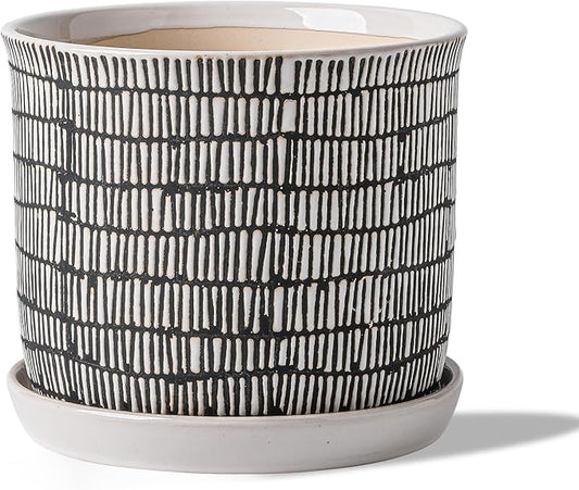 8 Inch Plant Pot: Ceramic Planter with Drainage Hole & Saucer for Indoor Outdoor Plants - Flowerpot with Bonded Tray for Home Office - Mixed Stripe Debossed