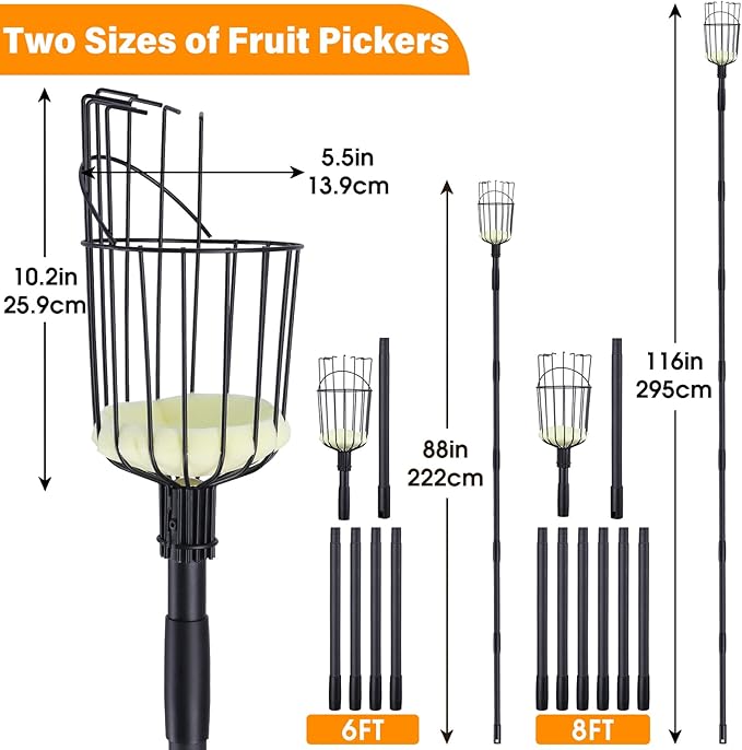 Fruit Picker Pole Tool with Basket, 9.6 FT (116 Inch) Adjustable Fruit Grabber Reacher Tool Long Handle Fruit Catcher for Apple Lemon Pear Citrus Mango Tree Gardening Supplies, Black