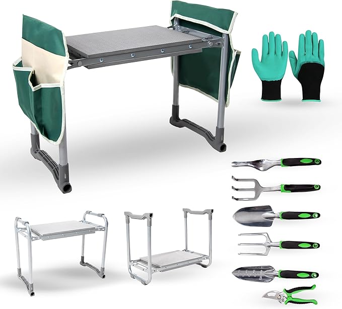 Garden Kneeler and Seat with Soft Foam Pad - Six Gardening Tools - Bags and Gloves -Gardenig Work Seats - Gardening Supplies - Gardening Gifts for Men and Women - Garden Kneeling Bench with Handles.