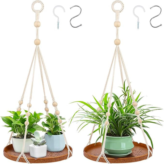 SUREAM 2 Packs Hanging Planters Holder, Hanging Plant shelf with Wood Beads and Wood Tray for Indoor Outdoor Boho Home Decor, Ceiling Plant Hangers for Garden, Wall, Porch, Patio, Balcony, and Window