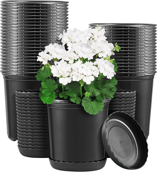 GROWNEER 40 Set 6‘’ 1 Gallon Nursery Pot for Plants Flexible Flower Pots with Drainage Hole and Saucer Plant Container for Indoor Outdoor Seedlings Vegetables Succulents Cuttings(Black)