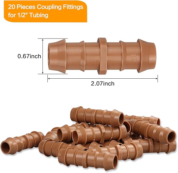 20 Pieces Drip Irrigation Fittings Coupling Connectors for 1/2" Tubing, Drip Barbed Couplers for 1/2 Inch Irrigation Tubing (0.600" ID), Drip Line Couplings for Drip Sprinkler Garden Systems