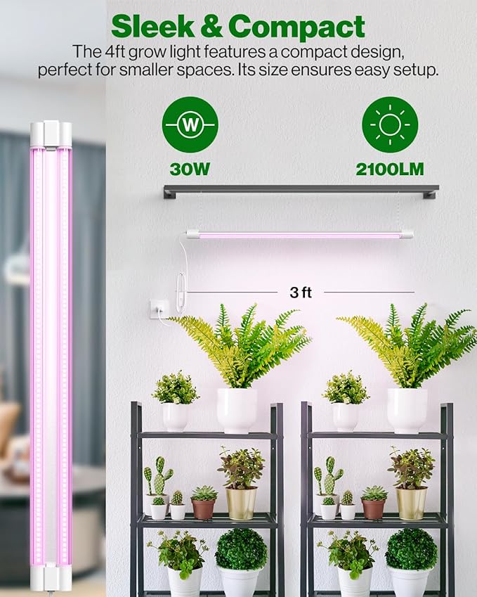 Sunco 3ft Grow Light LED, 30W, Full Spectrum, for Seed Starting, Seedling, Indoor Plants, Plug in Suspended Fixture, Link Up to 5, Inline Switch, UL/ETL 2 Pack