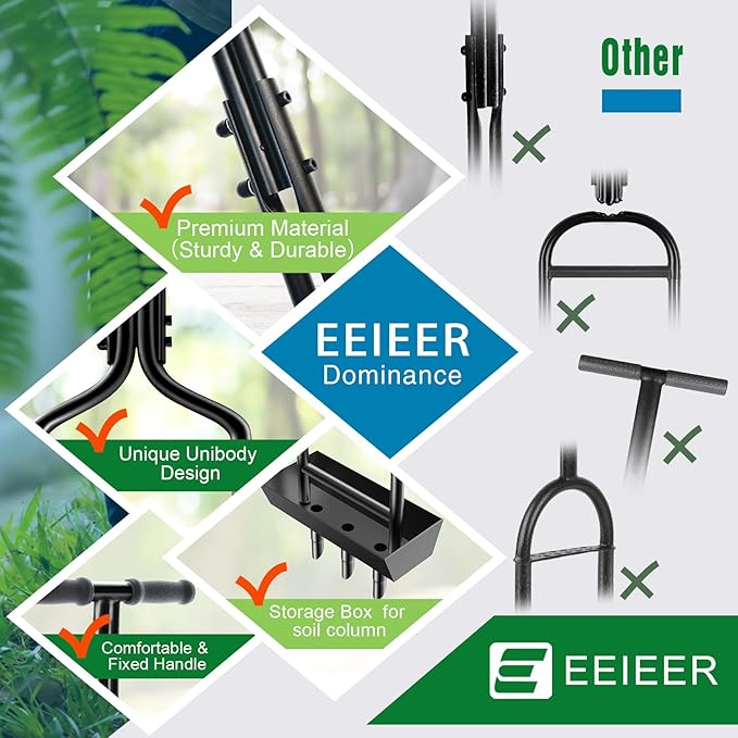 EEIEER Lawn Coring Aerator Tool, Upgarded Manual Lawn Aerators with Soil Storage Basket, 3 Core Tines Plug Aerator with Cleaning Tool, Yard Aeration Tool for Compacted Soil & Lawn Care