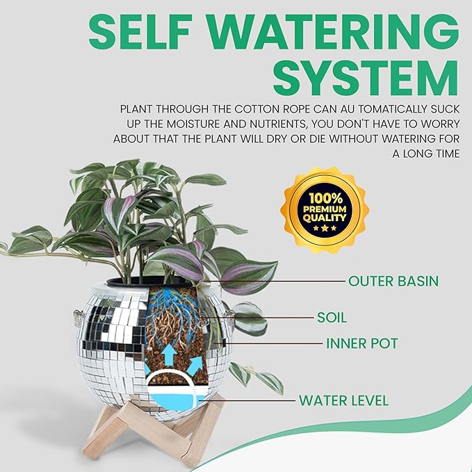 6" Disco Ball Planter – Rotating Mirror Planter with Macrame Hanger & Wooden Stand for Indoor and Outdoor Plants