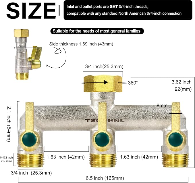 3/4-Inch Garden Hose splitter - Designed for installing multiple irrigation system timers - Suitable for high water pressure faucet manifolds - Freeze and rust resistant Full Flow 3-way valve