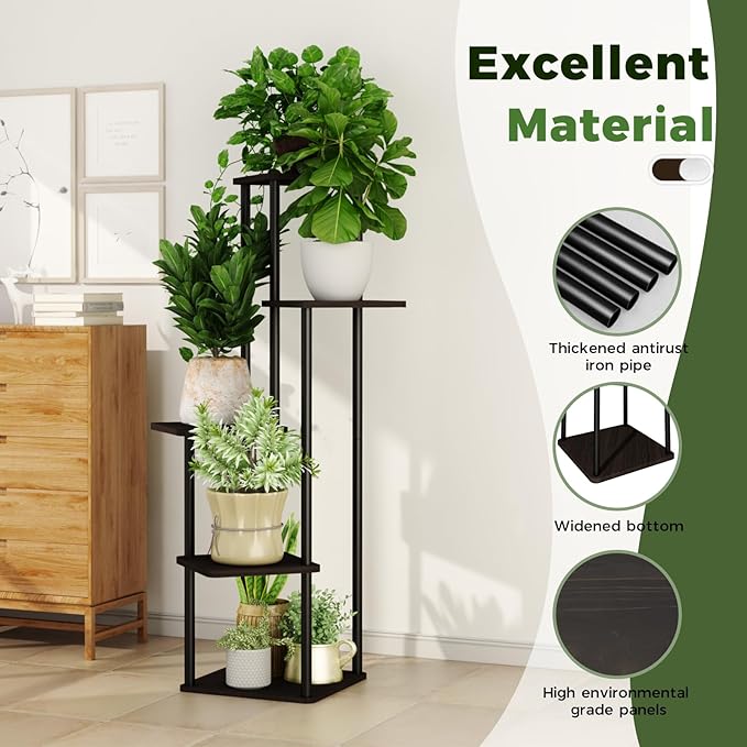 5 Tiered Plant Stand Indoor Corner Plant Shelf for Multiple Plants for Patio Garden Balcony Living Room Bedroom, Tall Metal Flower Pots Stand Relaxing for Women Gift Black Oak