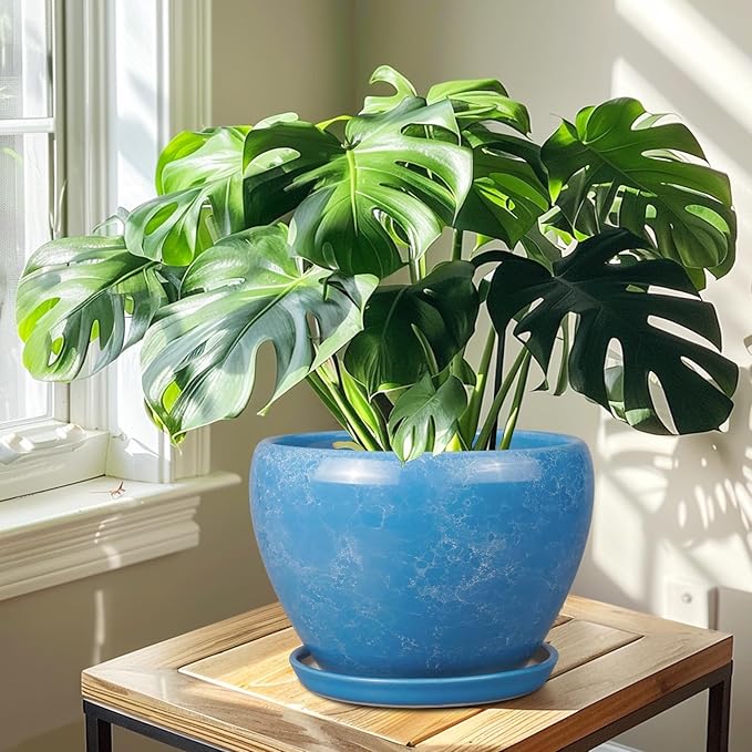 10 Inch Planter Pot - Ceramic Pots for Plants with Drainage Hole and Saucer, Round Large Flower Pot for Indoor Plants, Blue