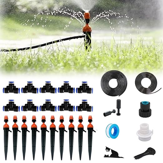Drip Irrigation System,50FT Main Pipe and 16.4FT Branch Pipe,10 Adjustable Drippers with Piles,Quick Socket Connection.Plant Watering System of Garden Potted Elevated Garden Bed.(emitters with Piles)