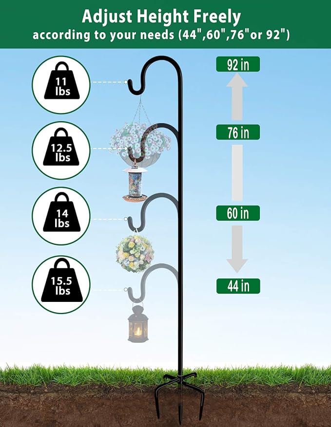 Artibear Adjustable Outdoor Shepherd Hook Stand with 5 Prong Base, 92 Inches Tall 3/5 in Thick, Shiny Black (2 Packs)