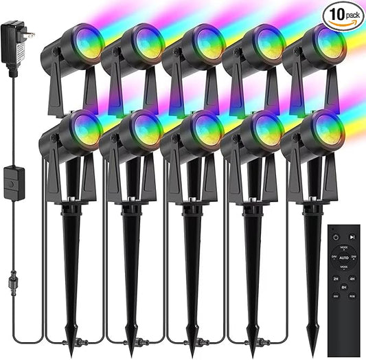 SUNTHIN Outdoor Landscape Lighting with Remote, RGBW Color Changing Spot Uplights, IP65 Waterproof & Connectable, 10 Pack