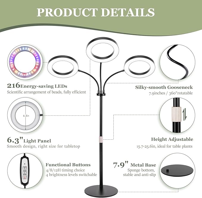 LBW Halo Plant Grow Light, Tri-Head Desk Grow Light for Indoor Growth, 72x3 LEDs Full Spectrum Grow Lamp with 4/8/12H Auto Timer, 4 Brightness Levels, Height Adjustable, Ideal for Indoor Plants, Black