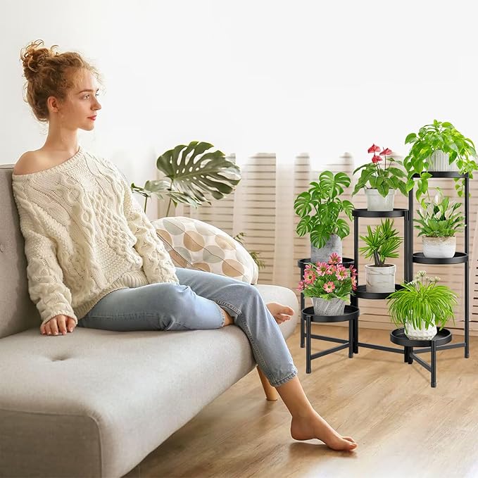 iDavosic.ly 7 Tier Large Plant Stand Indoor with 10 Inch Wide Tray, Tiered Corner Metal Outdoor Flower Display Holder Shelf, Folding Tall Rack for Patio Porch Living Room, Modern Black
