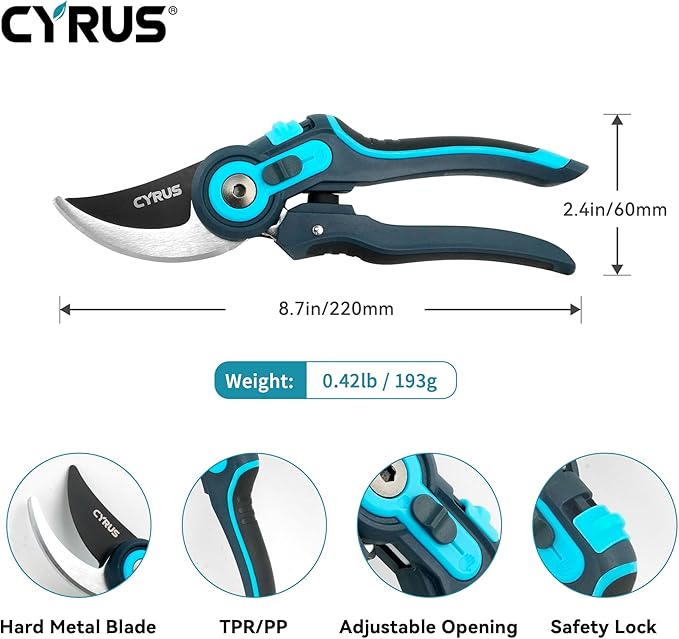 CYRUS Pruning Shears, Garden Shears Sk5 Steel Blades, 2-Stage Adjustable Diameter Pruning Shears12-22 mm, Rose Shears, Professional Bypass Shears, Plant Garden Tools, Hedge Clippers, Pruning Shears