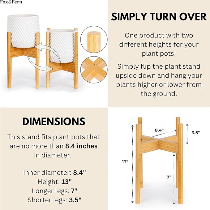 Fox & Fern Bamboo Plant Stand — 8 Inch Fixed Size Mid Century Plant Stand for Indoor Pots; Raised Flower Pot Holder for Indoors; Plug In Design; Two Height Options; Easy to Assemble - Bamboo