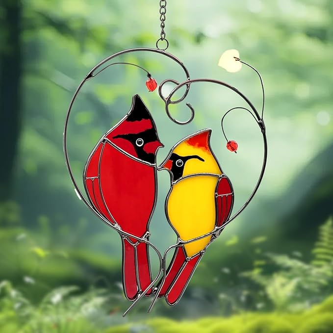 Cardinal Suncatchers Stained Glass for Windows Hangings,Male & Female Cardinal Stained Glass Sun Catchers,Stained Glass Red Love Birds Home Ornament,Gifts for Women