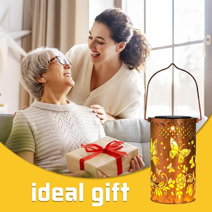 Mothers Day Gifts, 4 Packs Solar Lanterns Outdoor Hanging Lantern Lights, 4 Butterflies Hollowed-Out Metal Decor Lantern, Waterproof LED Decorative Garden Light Gifts