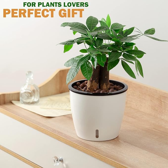 Planterhoma 6.7 Inch Self Watering Pots for Indoor Plants, 8 Packs White African Violet Pots with Water Indicator and Black Wick Pots, Self Watering Planters for Devil's Ivy, Indoor Plant Pots