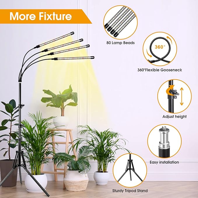 Wolezek Grow lights for Indoor Plants, 4-Head Full Spectrum LED Grow Light with Adjustable Tripod Stand 15-61 inches for Seed Starting, 3500K 6500K 660nm White Red Floor Plant Lamp with 6/12/16H Timer