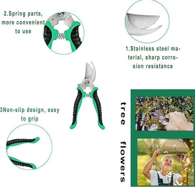 Garden Tool Set with Non Slip Rubber Grip,9 Piece Stainless Steel Gardening Tool Sets,Heavy Duty Outdoor Hand Tools Durable Storage Tote Bag,Uprooting Weeding Tool, Gifts for Women Men Children Green