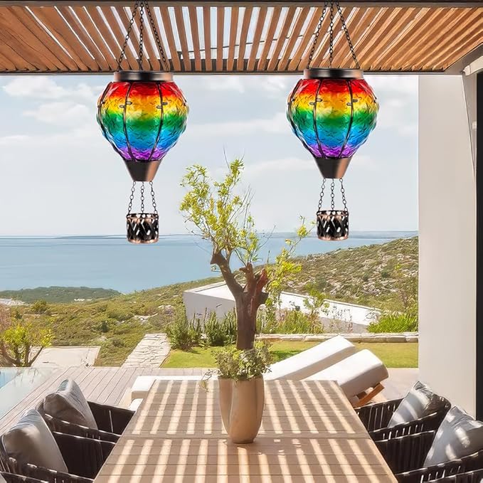 DREAMSOUL Rainbow Hot Air Balloon Solar Lantern, Metal & Glass With Flickering Flame, Hanging Waterproof Outdoor Lantern for Lawn, Patio, Tree Decor, Christmas Gifts