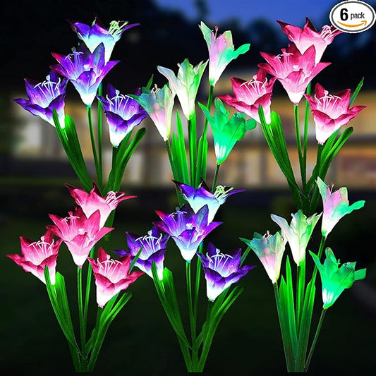 WdtPro Solar Lights Outdoor Garden Decorative Flowers 6 Pack, Waterproof Solar Garden Lights with 24 Lily Flowers, Multi Color Changing LED Solar Powered Landscape Lights for Yard Garden Patio