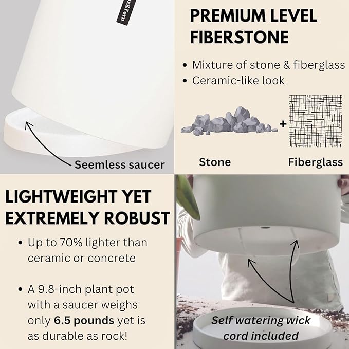 Fox & Fern 10 Inch Plant Pot with Hidden Saucer — Premium Lightweight Fiberstone Matte White Self Watering Planter with Seamless Saucer; Indoor & Outdoor Use; Weather Resistant & UV Resistant