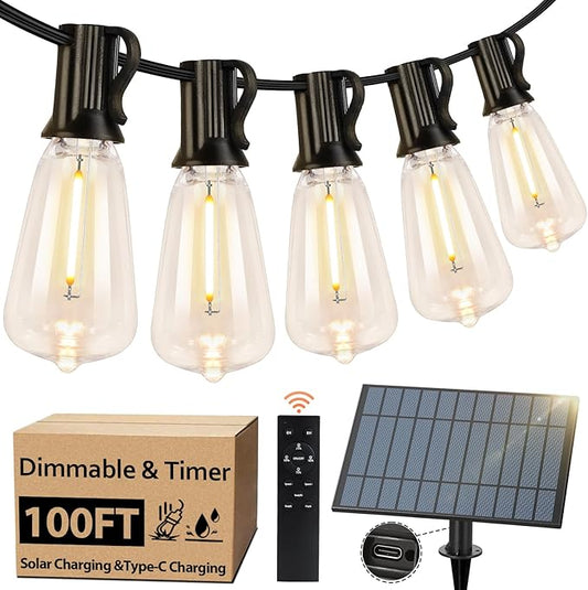 100FT Outdoor Solar String Lights with Remote, USB Rechargeable LED Patio Lights with 52 Timer Dimmable ST38 Edison Bulbs, Enhanced 5W Solar Panel Outside Hanging Lights for Porch Garden Deck Backyard