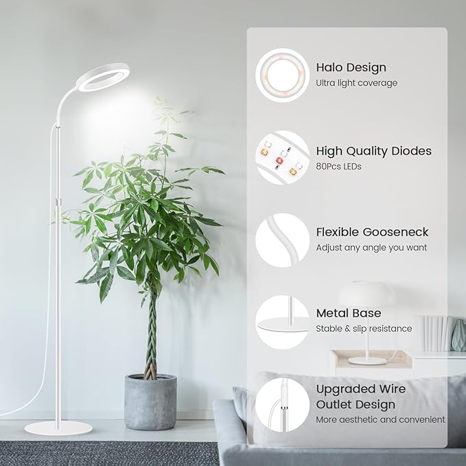 Garpsen Grow Light, Full Spectrum LED Plant Lights with Stand, 3 Color Modes Floor Grow Lamp with Timer 6/12/16H, 5 Dimmable Levels, 67'' Adjustable Height for Indoor Large Plants(White)