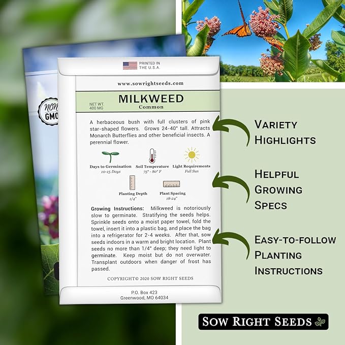 Sow Right Seeds - Common Milkweed Seeds for Planting - Attract Monarch Butterflies to Your Garden - Non-GMO Heirloom Seed Packet with Full Instructions to Plant - Perennial Plant for Pollinators (3)