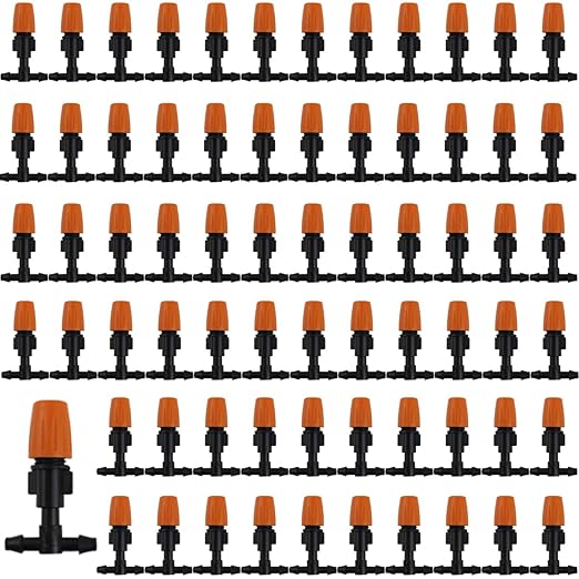 GXXMEI 124PCS/Set Irrigation Dripper Adjustable Drip Irrigation Sprinkler with 1/4 Inch Irrigation Tee Drip Irrigation Kit for Misting Watering Plant Cooling System(62 Pairs)